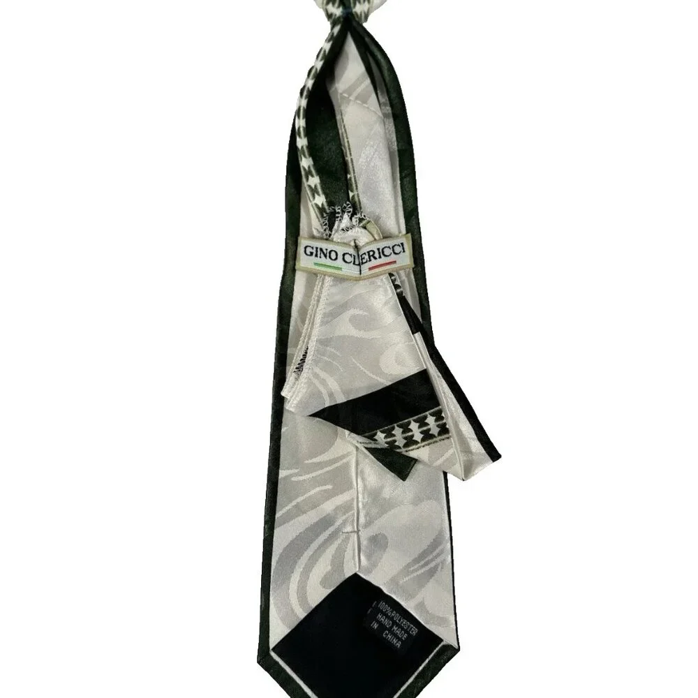 Gino Clericci Boy's Clip-on Tie Hanky Green Cream Hand Made Polyester 10